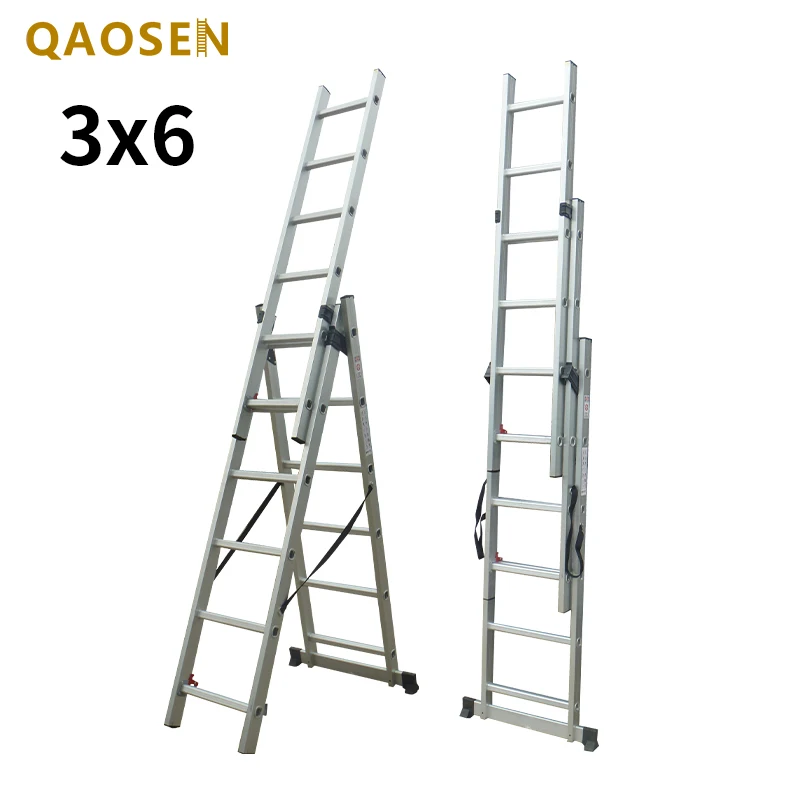 3 Section Extension Ladder Aluminum Silver Multipurpose 6 Steps  Work Stairs