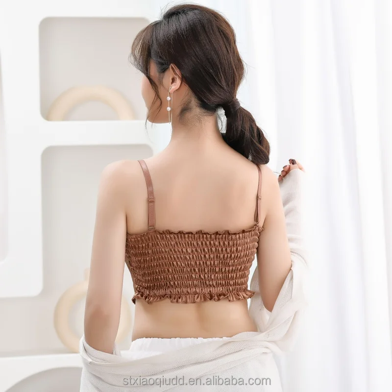 comfortable camisole hot style sexy wrap chest traceless bra Ice silk seamless pleated latex fixed cup sling tube top for women