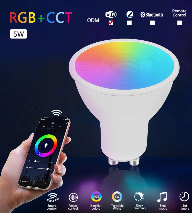 VERTEX Hot Selling RGB+CCT GU10/GU5.3 Smart app control led lamps 5w WIFI Tuya Bulb CE/RoHs