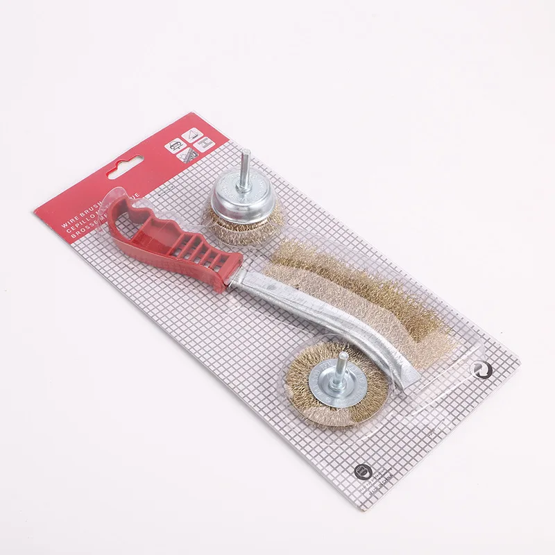 Three piece brass-coated hardened wire cleaning brush (one knife brush, one bowl brush, one bar flat brush)
