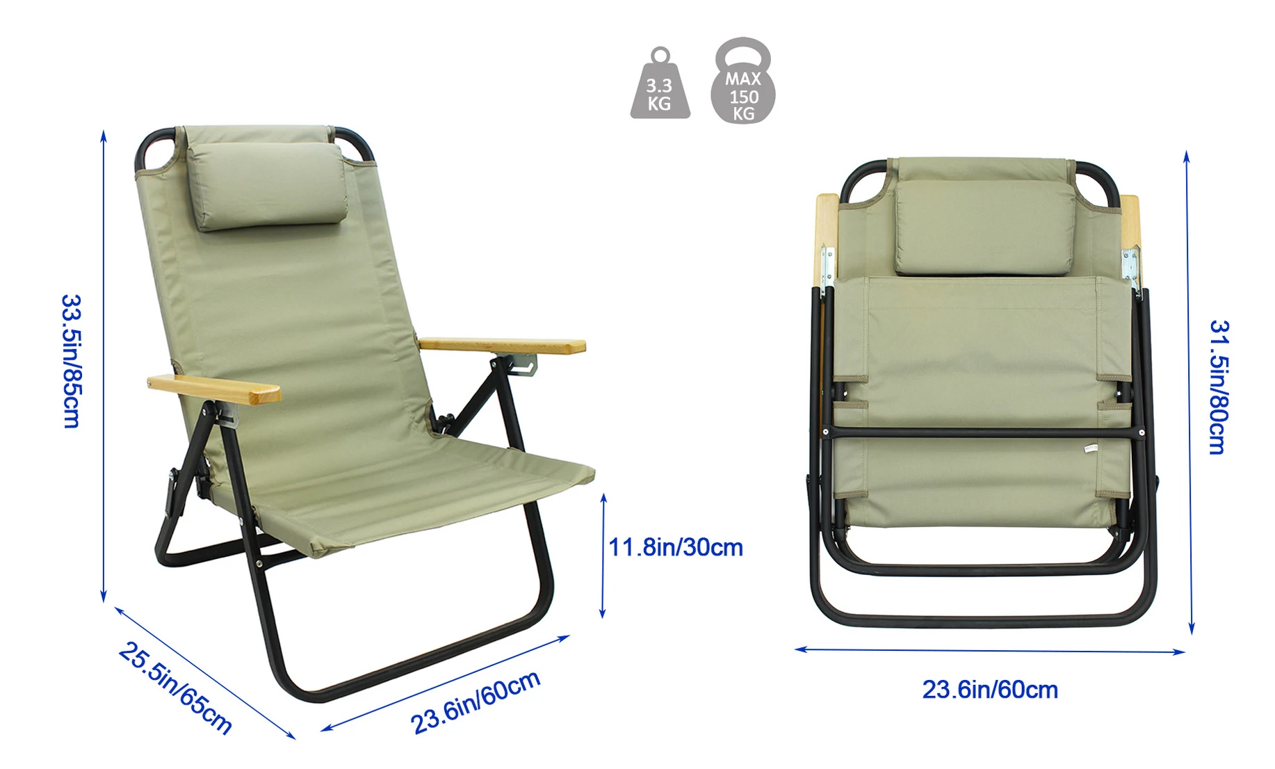 Custom Patterned Oxford Cloth Strong Wooden High Load Folding Portable Lounge Beach Fishing Chairs With Pillow