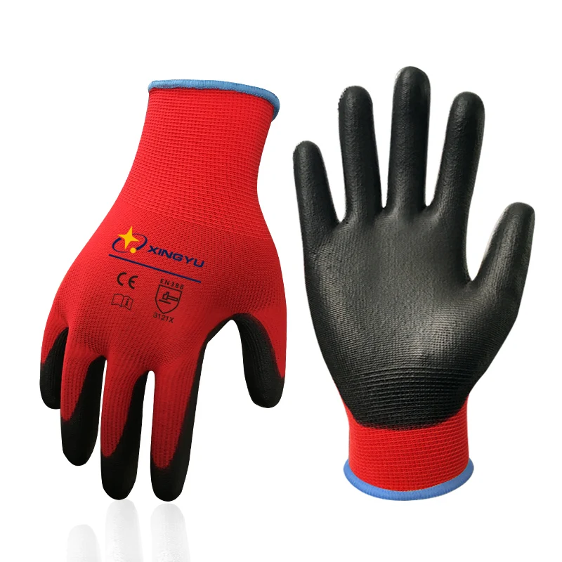Men Construction red pu coated  Gloves manufacture gloves for work pu safety gloves