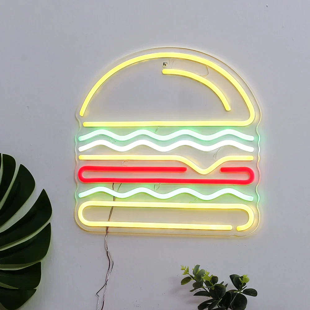Customizable All-Kinds Catering Neon Sign Burgers Fries Colorful AC/LED Light Source Stand Outdoor Stores Decoration