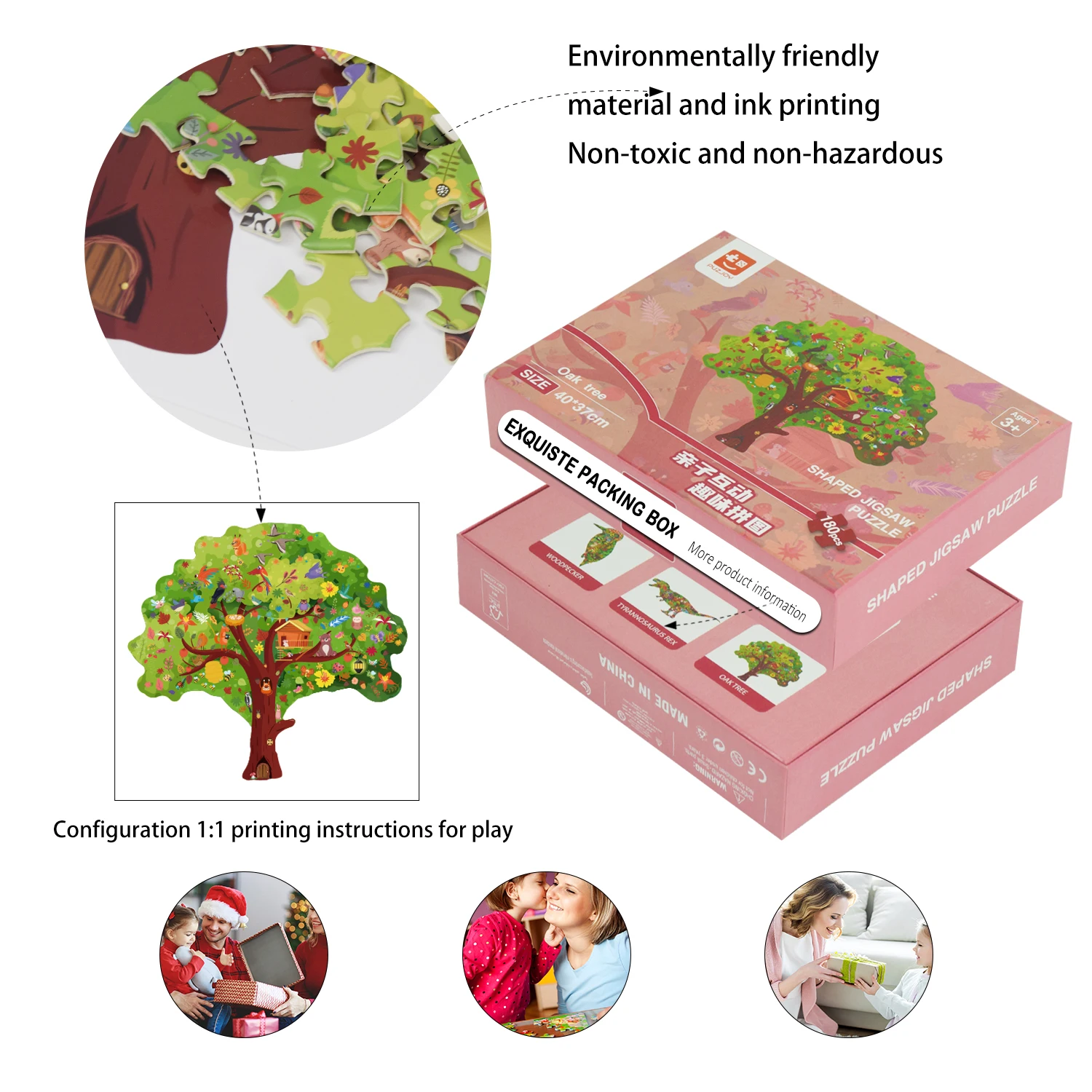 Global Bridge CP-220093 Unique Kids Puzzle Box FSC Certified Oak Shaped Jigsaw Puzzle for Children DIY Logo Made Paper Cardboard