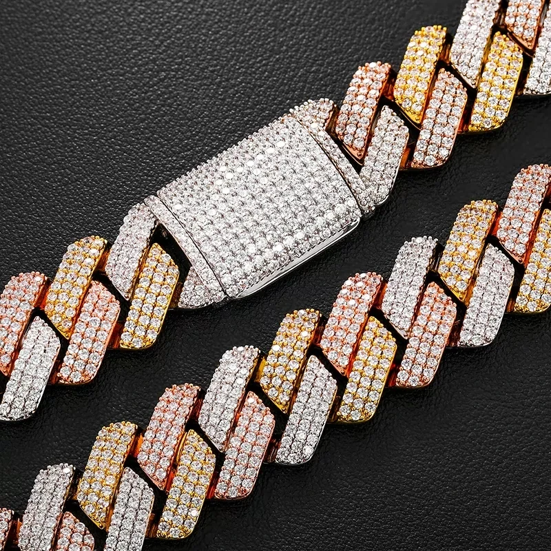 Hot Selling OEM/ODM Service 19mm 3 Tones 925 Sterling Silver VVS Moissanite Diamond Miami Cuban Link Chain Necklace