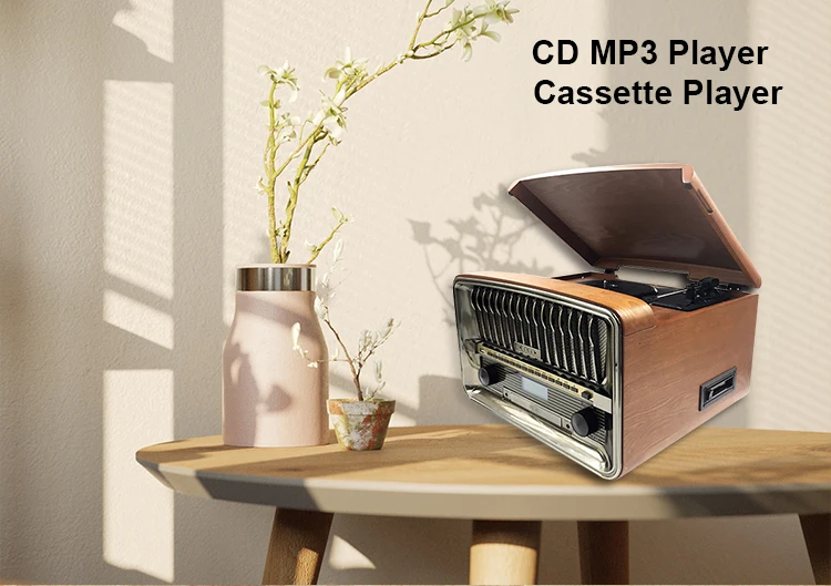 Classic phonograph cd record cassette radio player wooden turntable vintage