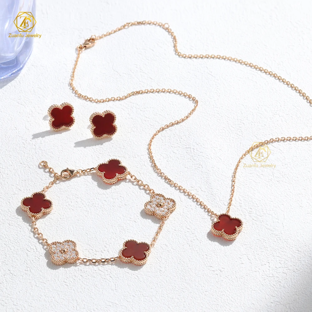 Hot Sale Fashion Jewelry Four Leaf Link Bracelet Ladies Luxury Adjustable S925 Rose Gold Plated Clover Earrings Necklace Women