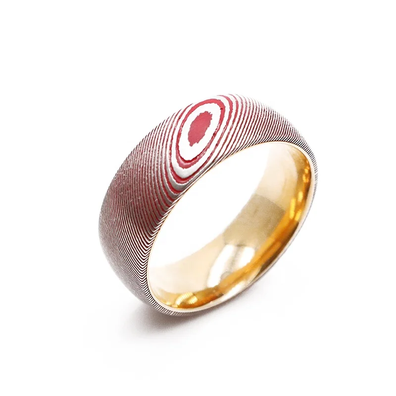 Handmade red damascus steel rings