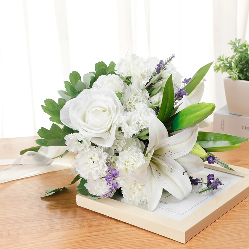 Artificial Flower lily  With leaf Hemp Rope Wedding  flower Bridal Bouquet