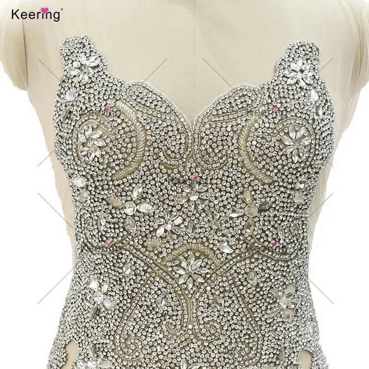 Wedding Dress Crystal Full Stone Strass Rhinestone Sexy Silver Diamond Bodice Dress Patch Applique Crochet Design WDP-534