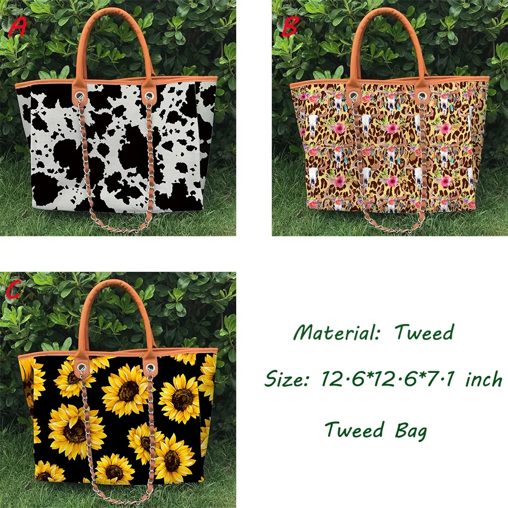 Women Sunflower Cow Print Bull Head Chain Leather Large Tweed Bag