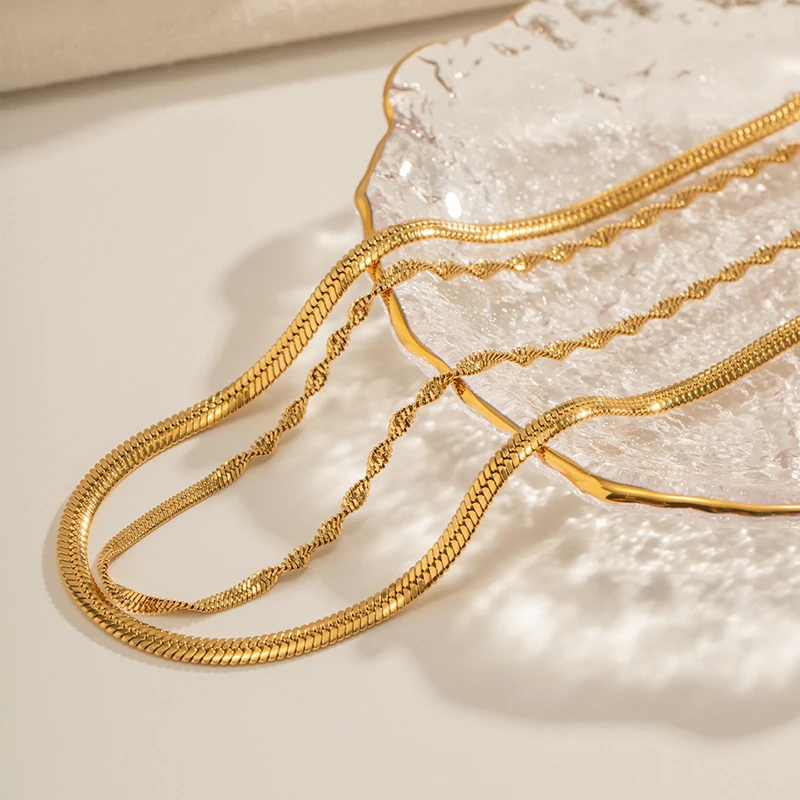 Waterproof 18K Gold Plated Stainless Steel Herringbone Necklace Jewelry Dainty Layered Twisted Chain Necklace for Girls