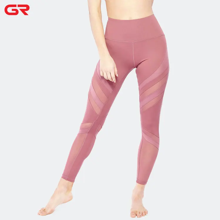 Fashionable Fitness Leggings Splicing Stretchy Cut Out Meshed High Waist Yoga Pants