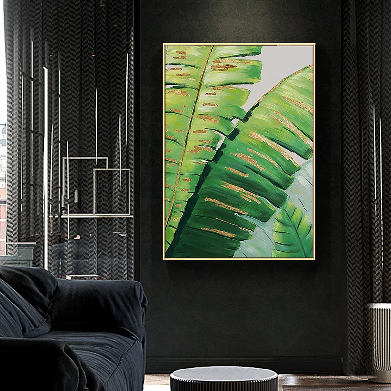 Large Size 100% Hand Painted Canvas Wall Painting Gold Foil Banana Leaf Abstract Scenery Acrylic Brushes Oil