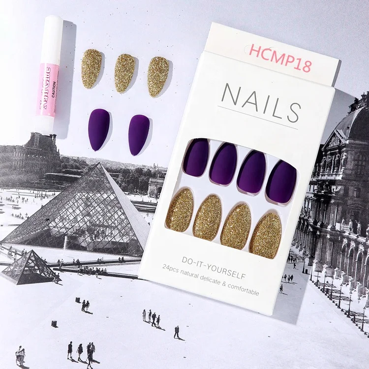 High Quality Almond tip Coffin Solid Color Glitter nail press on stick on nails acrylic