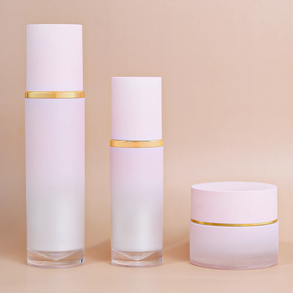 Custom Unique Pink Frosted Skincare Packaging Lotion and Spray Bottle Plastic Face Cream Jar and Bottle for Skincare Set