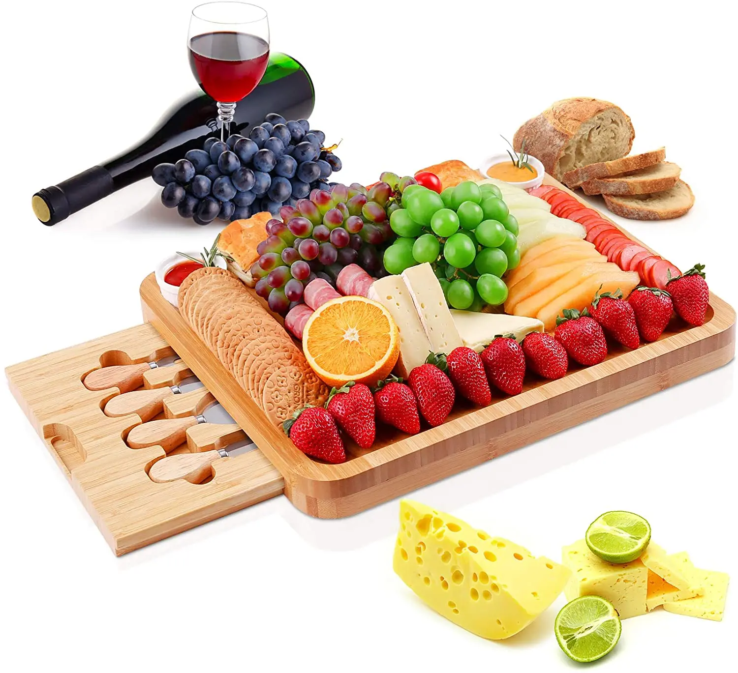 
Wholesale Large Charcuterie Board with Ceramic Bowls Bamboo Cheese Cutting Board Set and Cutlery Knife for Serving Tray 