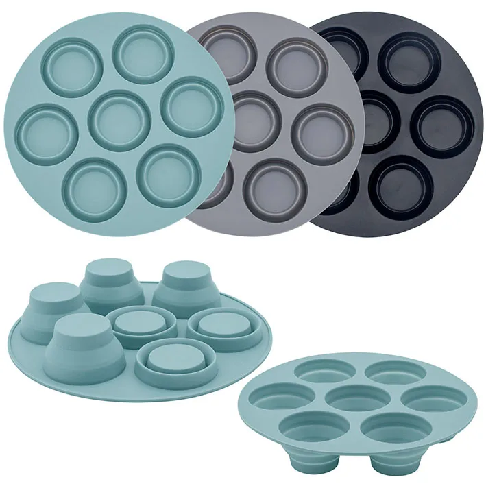 Dishwasher Safe 7 Cavity Fondant Mould Chocolates Candy Pastry Pan Silicone Folding Cake Mold Air Fryer Round Muffin Pan