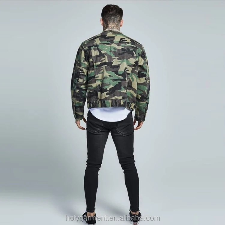 huili hot selling allover printed camouflage jean jacket men collarless cotton denim softshell jacket