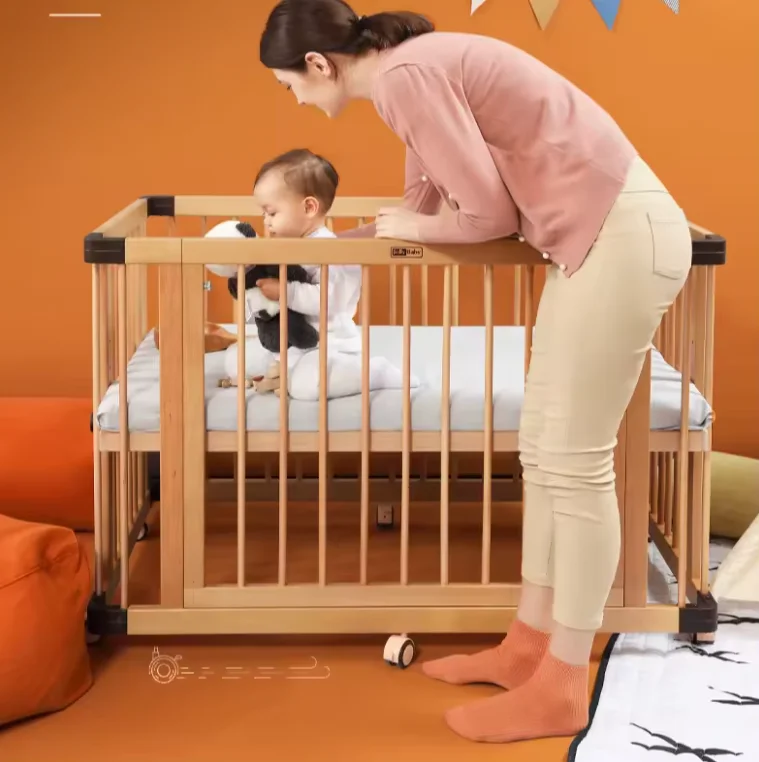 Nursery Furniture Beech Convertible Cribs Wooden Baby Small Sleeping Bed with Cushion  For Babies