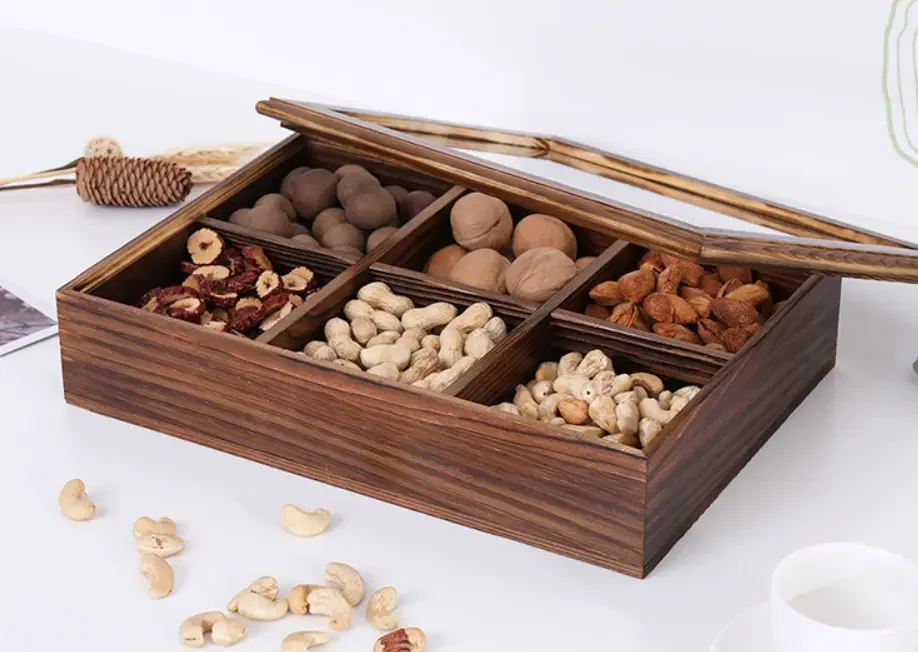 Handmade Rustic Solid Pine Wood 6 Compartments Gift Packaging Nuts Dry Fruits Box with Clear Lid