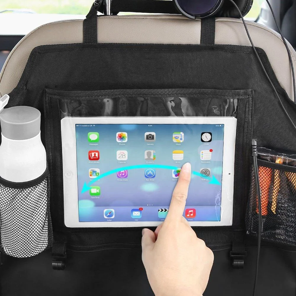 Twin pack free tissue box new car back seat organizers with mesh pocket and iPad pocket car kick mat