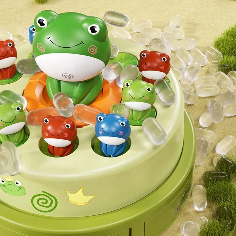 Kids bouncing frog net catching toy electric ejection little frog turntable focus training interactive education toy with music