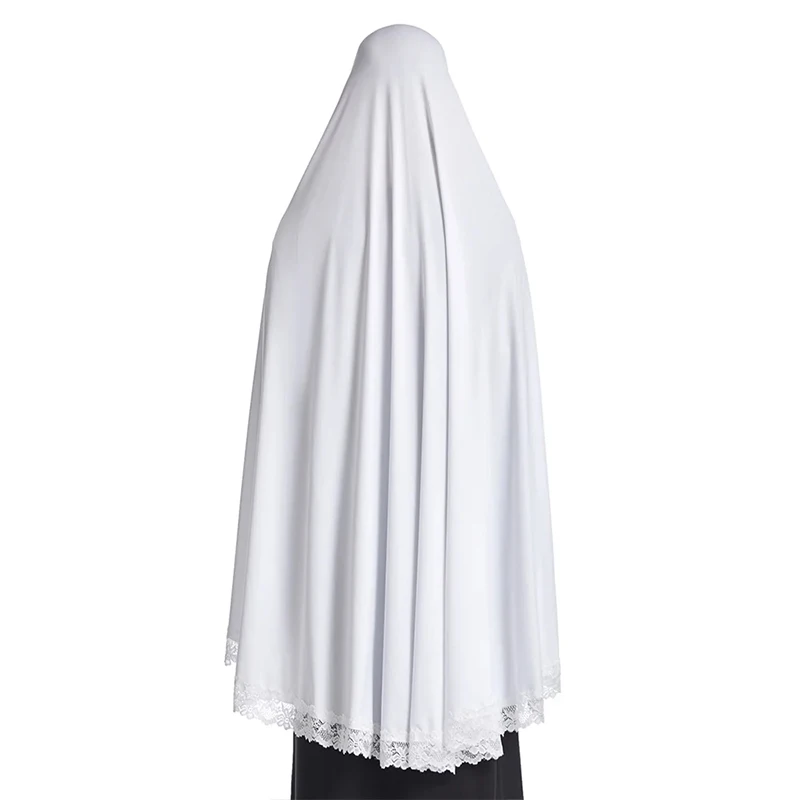 Muslim White Over Head Scarfs Caps Milk Silk Prayer Tops Dress Long Hijab Lace Edge Overarm Lace Hem Khimar