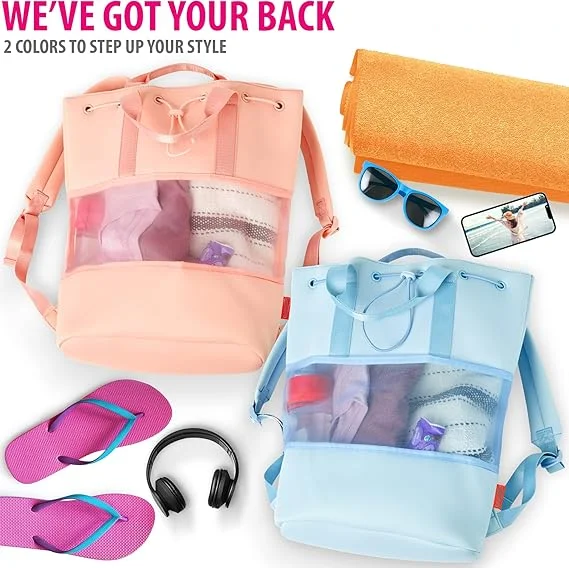 Custom Brand Logo Waterproof Beach Tote Bags for Women Vacation Ladies Essentials Gym Mesh Backpack