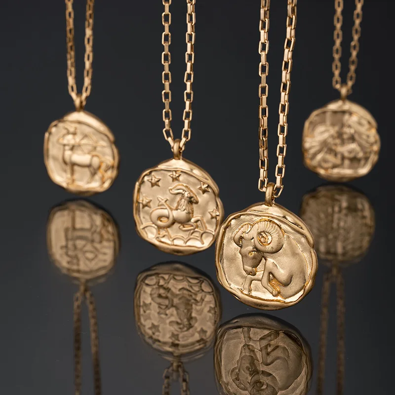 Fine Gold Plated No Fade Coin 12  constellations Pendant Necklace Cuban Chain Stainless Steel Non Tarnish Zodiac Sign Necklace