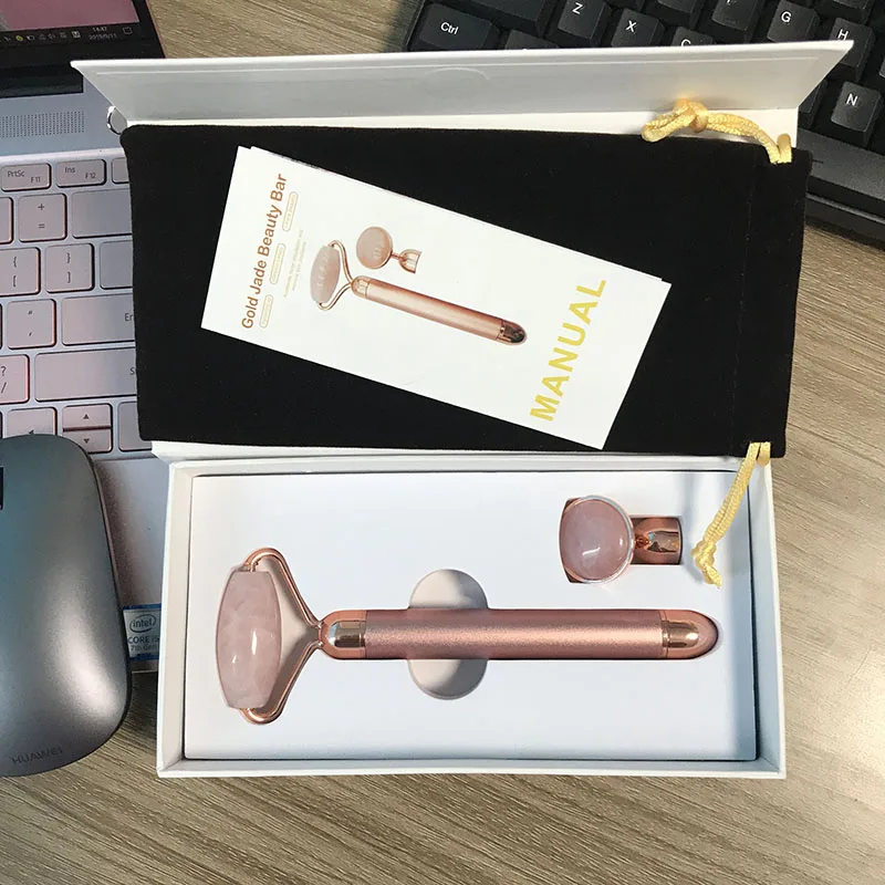 New 2 in 1 Electric Vibrating Quartz Roller Rose Jade Facial Massager for Women Skincare electric