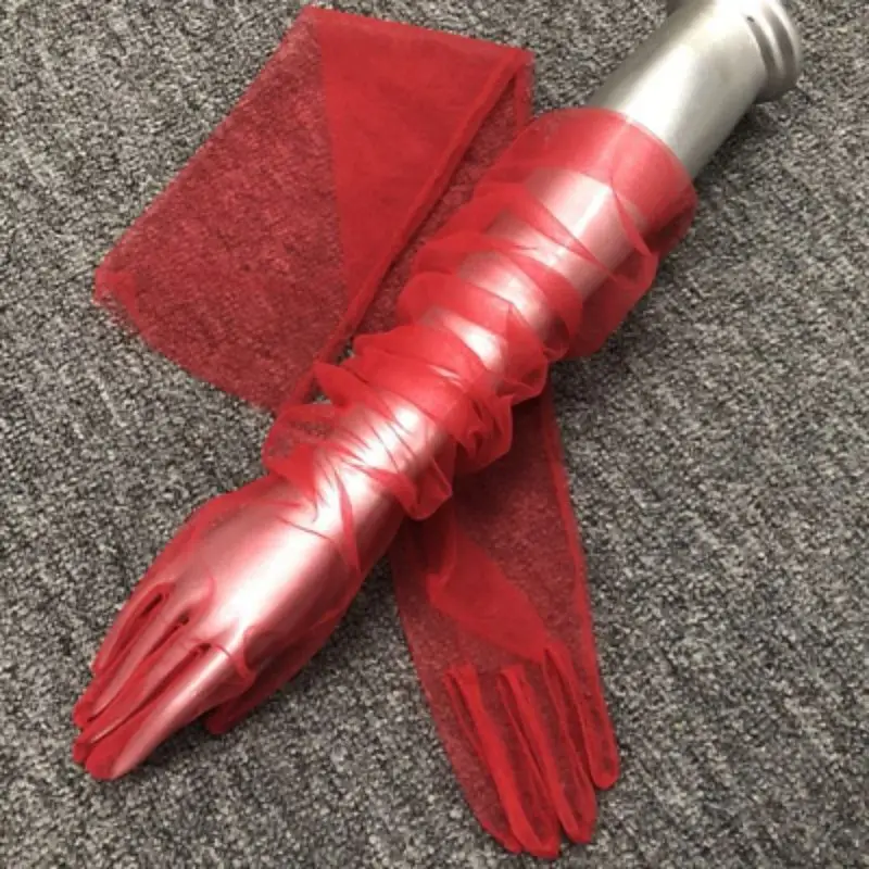 2023 Long Sheer Tulle Gloves Bridal Wedding Gloves Fashion Solid Color Transparent Thin Bridal See Through Long Gloves