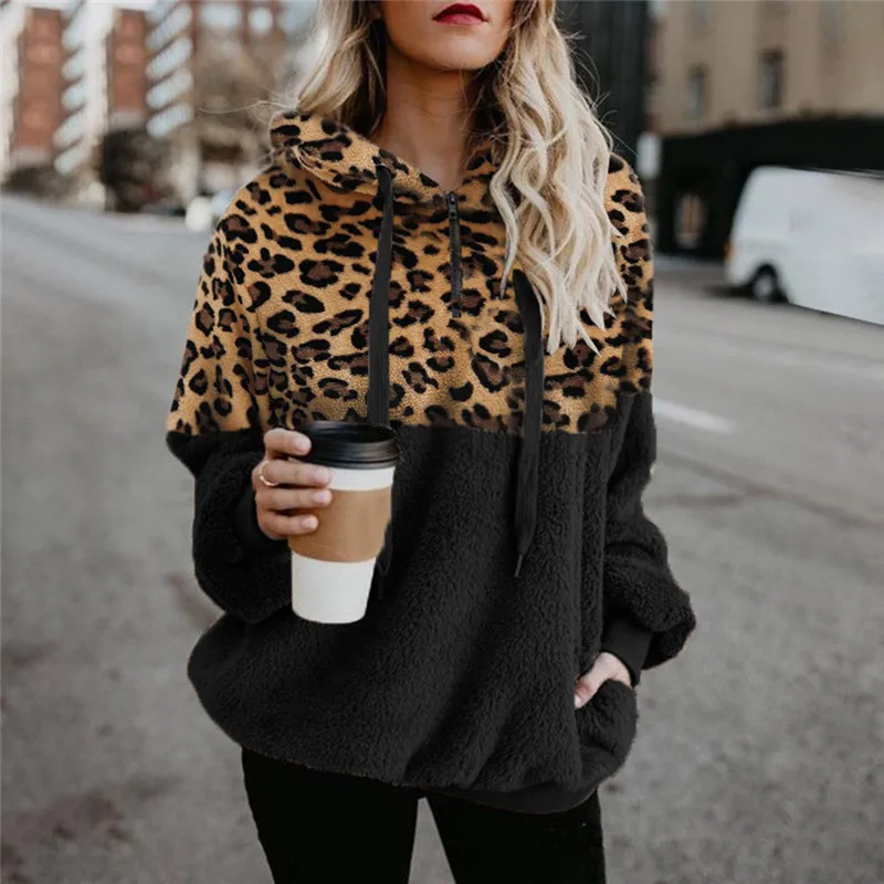 Custom Leopard Print Winter Sherpa Hoodies Polerones Mujeres Women Windbreaker Hoodies Windproof Zip Up Soft Hody Sudadera Dama