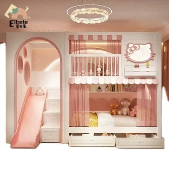 High Quality Indoor Bedroom Furniture Set Kids Wooden Double Bunk Beds for Children with Drawer Stairs and Slide