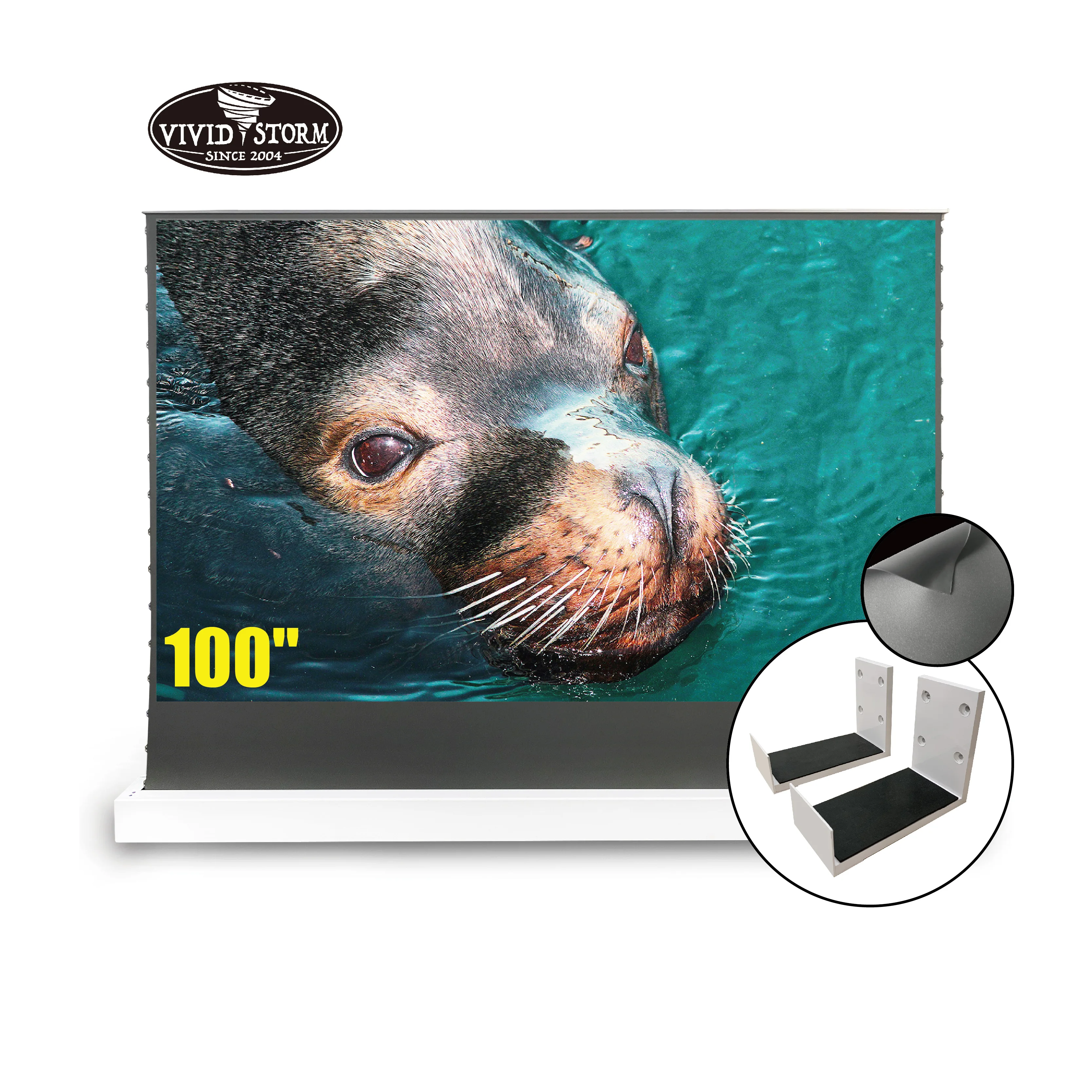 VIVIDSTORM 100inch S Electric floor screen focus Long Throw ALR obsidian 0.8 motorized self standing screen with wall mount
