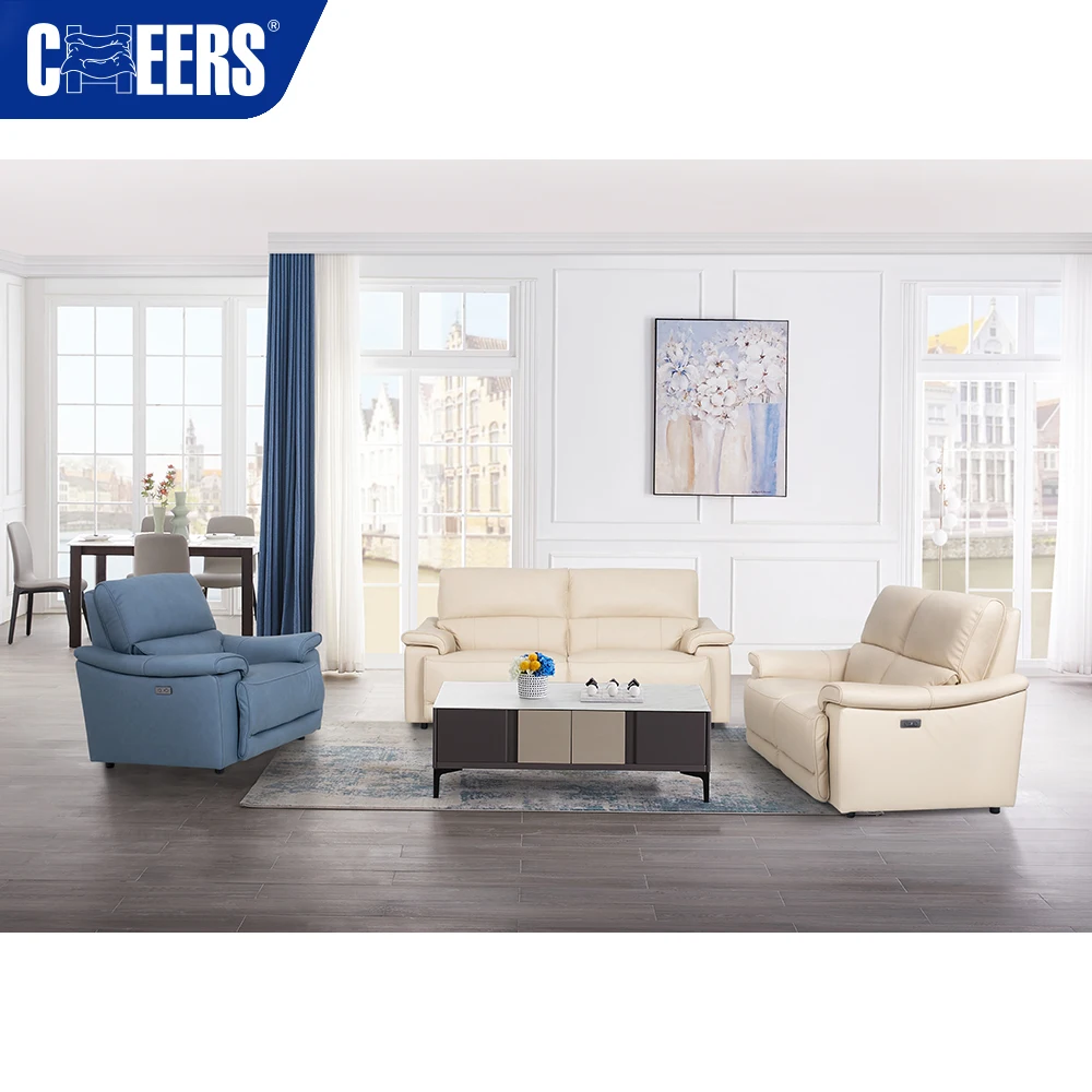 MANWAH CHEERS 3 2 1 Genuine Leather Power Headrest Recliner Upholstered Sofa Oversized Couch Living Room Furniture