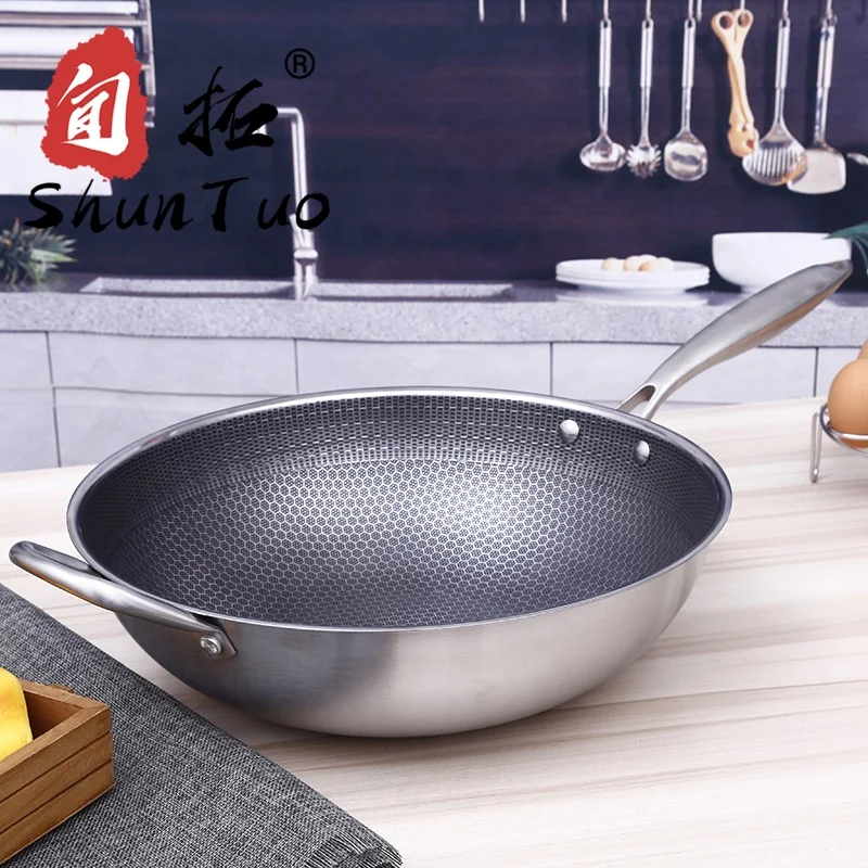 
gas two ears honeycomb nonstick Triply 304 stainless steel cooking pan induction chinese wok pan 