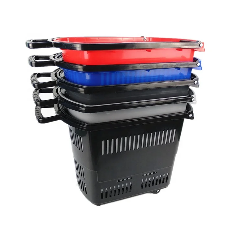 Hot popular 45L popular grocery store supermarket rolling shopping plastic basket with wheels