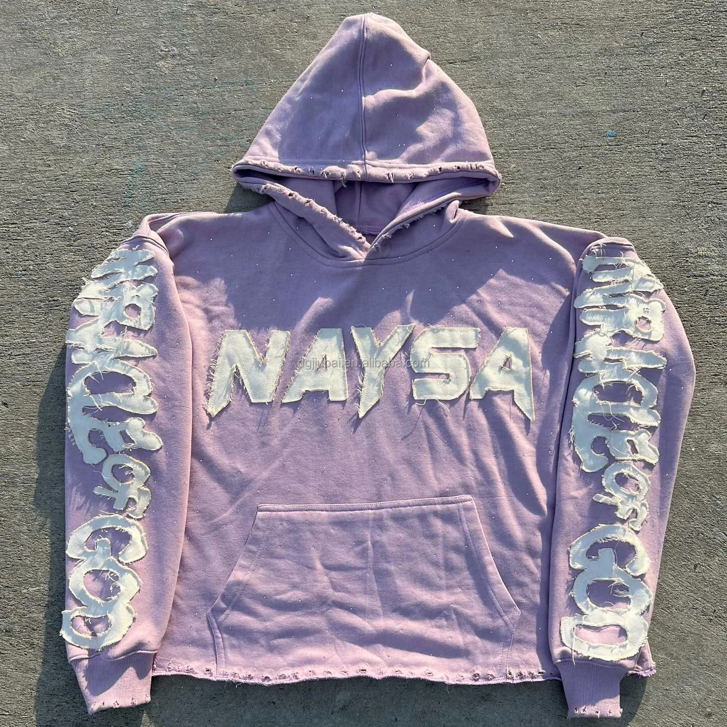 Custom Logo Acid Wash Kangaroo Pocket Cropped Hoodie Men Sun Faded Rhinestone Distressed Embroidered Hoodie