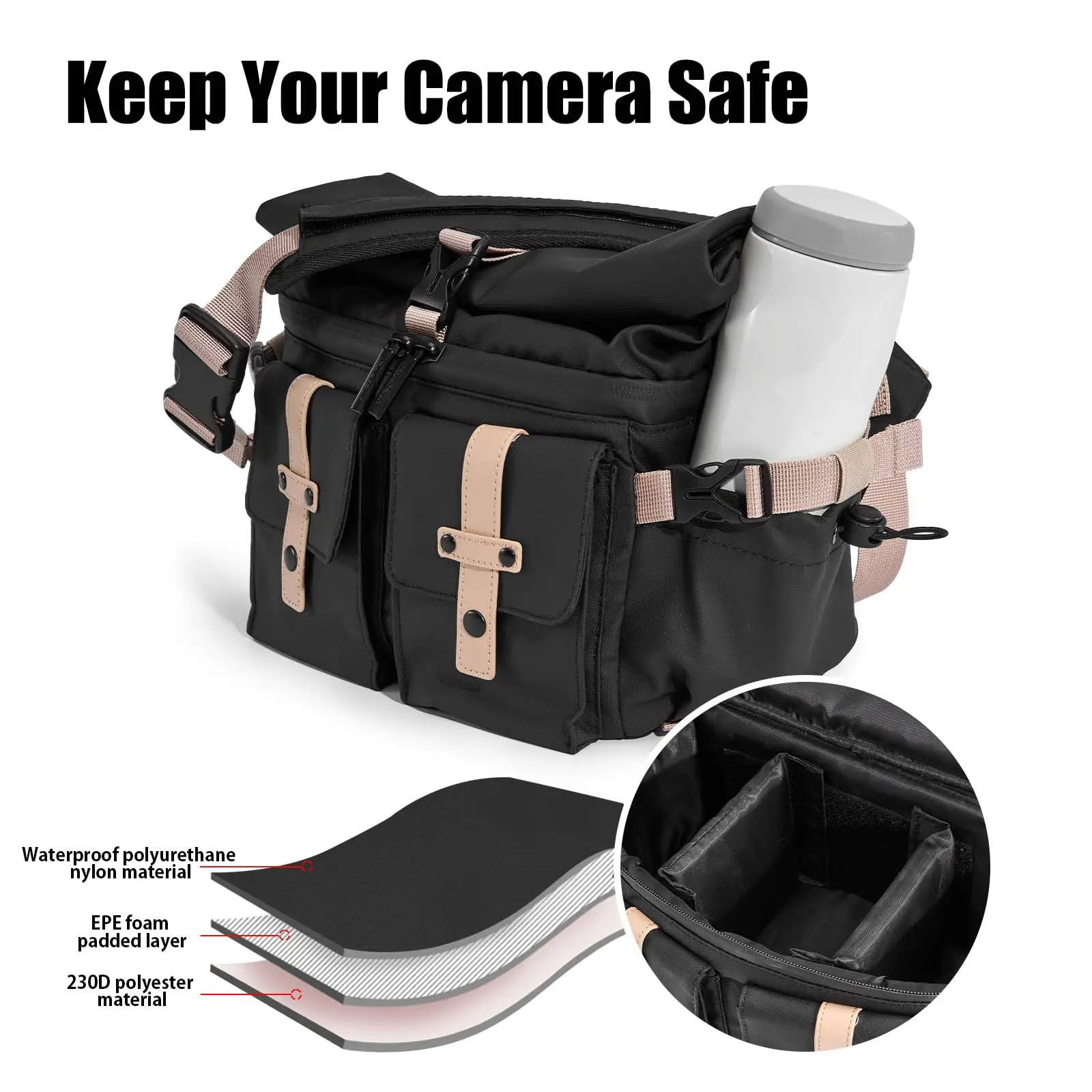 Cwatcun D90L Waterproof Leather Video Dslr Slr Digital Gear Photography High Quality CrossBody Top Roll Camera Messenger Bag