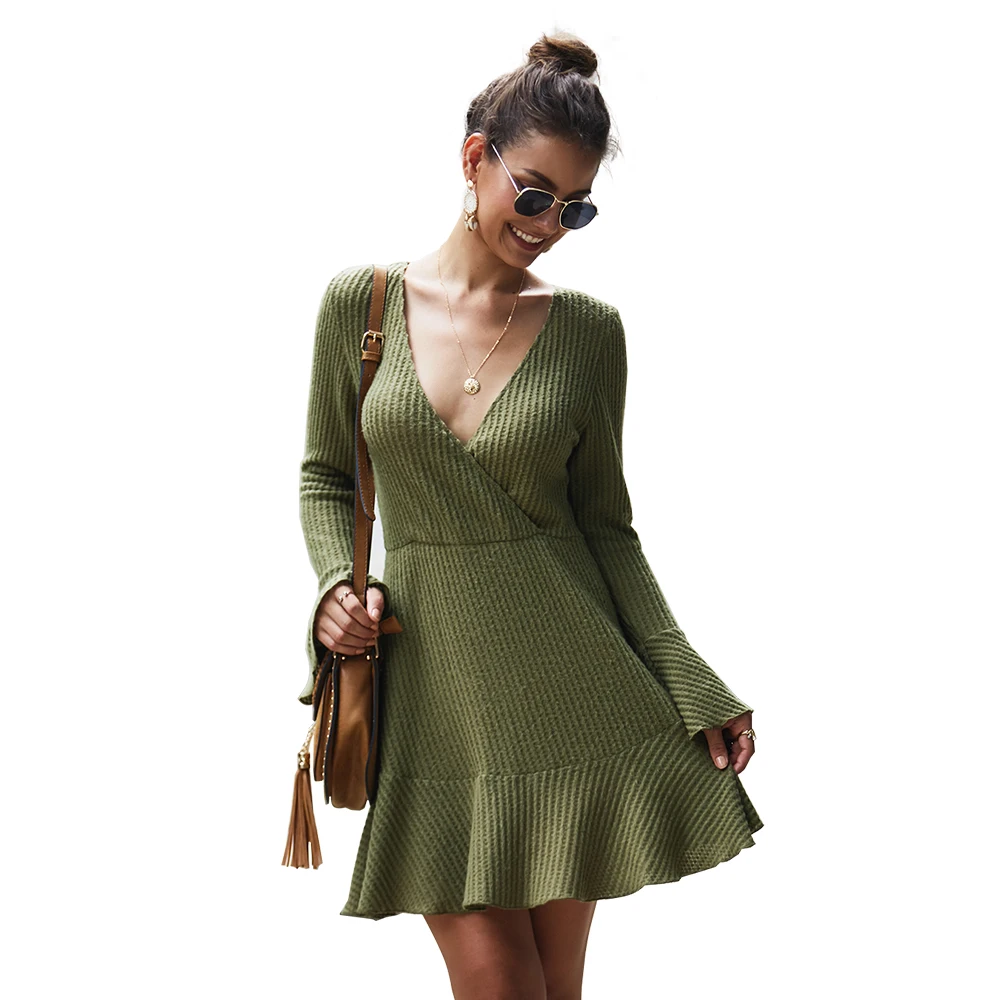 
2019 autumn and winter V-neck sexy knit dress girl clothing support drop shipping 