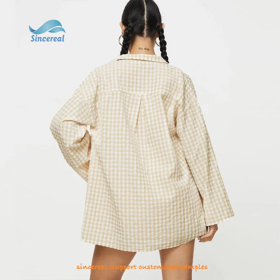 Custom summer casual fashion checked shirt gingham fabric Sleepwear cotton line women home wear pajamas 3 piece set