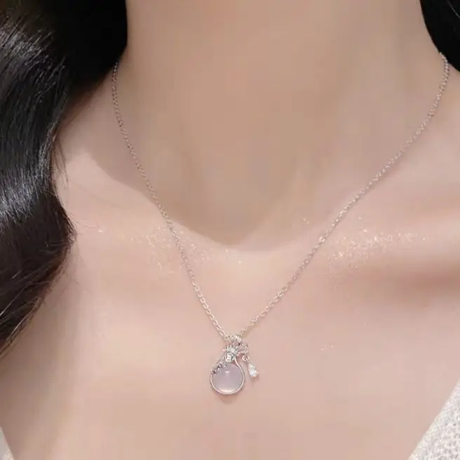 2024 New 925 Silver Material High end Design Round Zircon Lucky Bag Pendant Silver Necklace