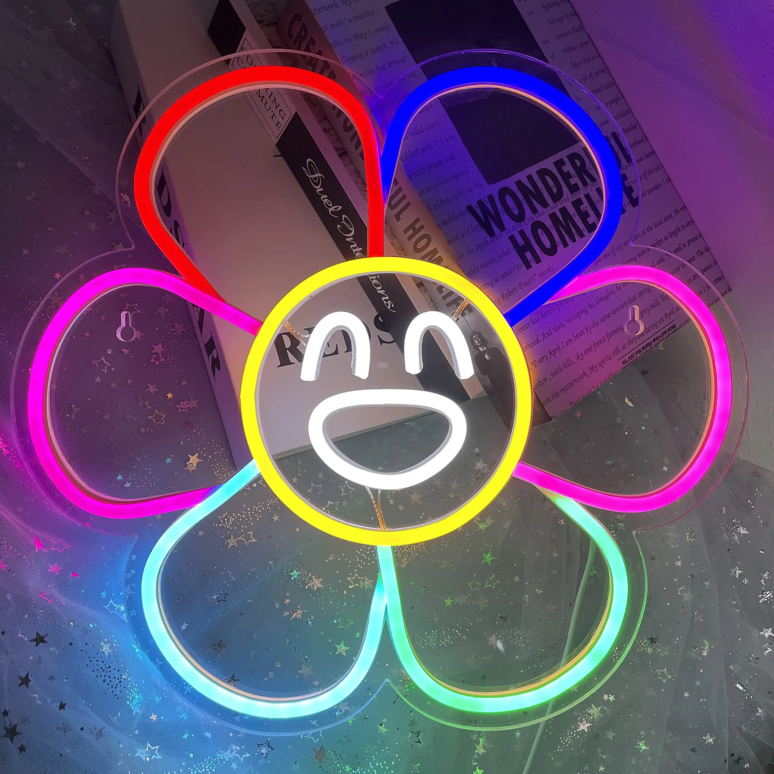 Smiley Face Sunflower Neon Sign Light LED Smiley Face Gifts Light Up Sign for Bedroom Wall Decor Neon Lights Wall Sign Smile Fac
