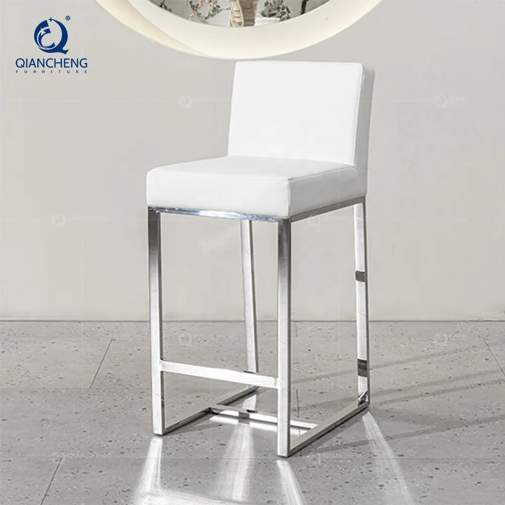 QIANCHENG high quality wholesale 201 304 stainless steel furniture tall high bar chair luxury white leather home barstool