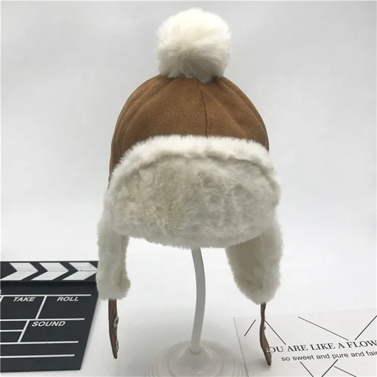 Children suede plush earflap hats and caps warm thick kids winter hat with pompom