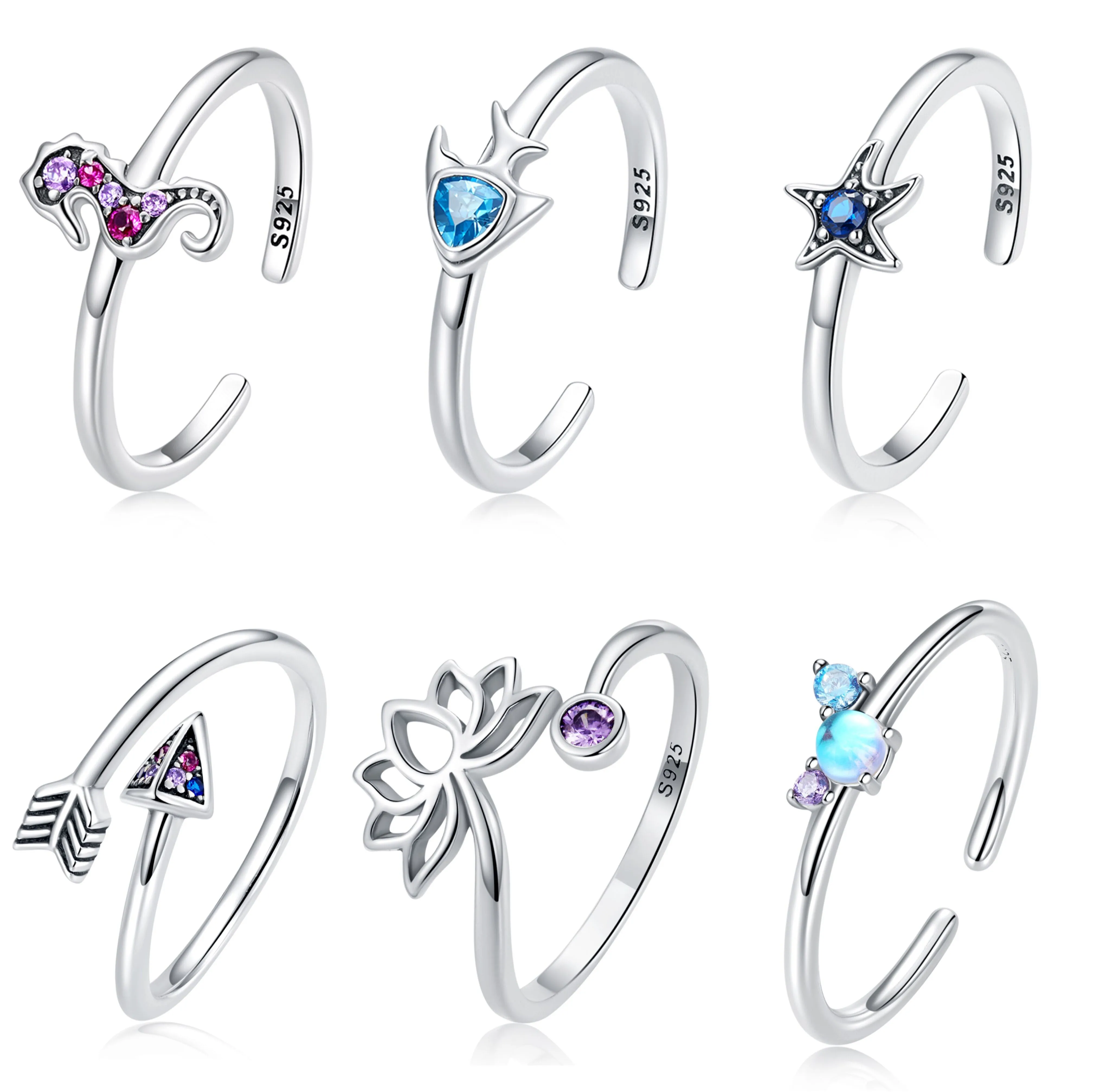 Jiangyuan 925 sterling silver cute seahorse fish adjustable rings love arrow open size ring for women jewelry