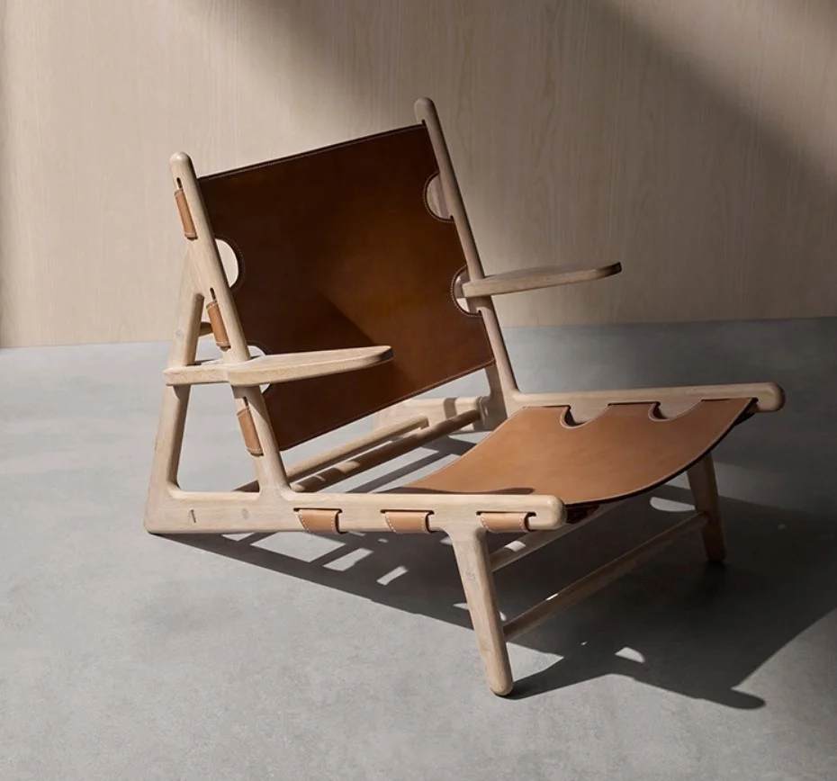 Mid Century Danish Design Spanish Living Room Hotel Furniture OAK Lounge Chair Handmade Saddle Genuine Leather Hunting Chair