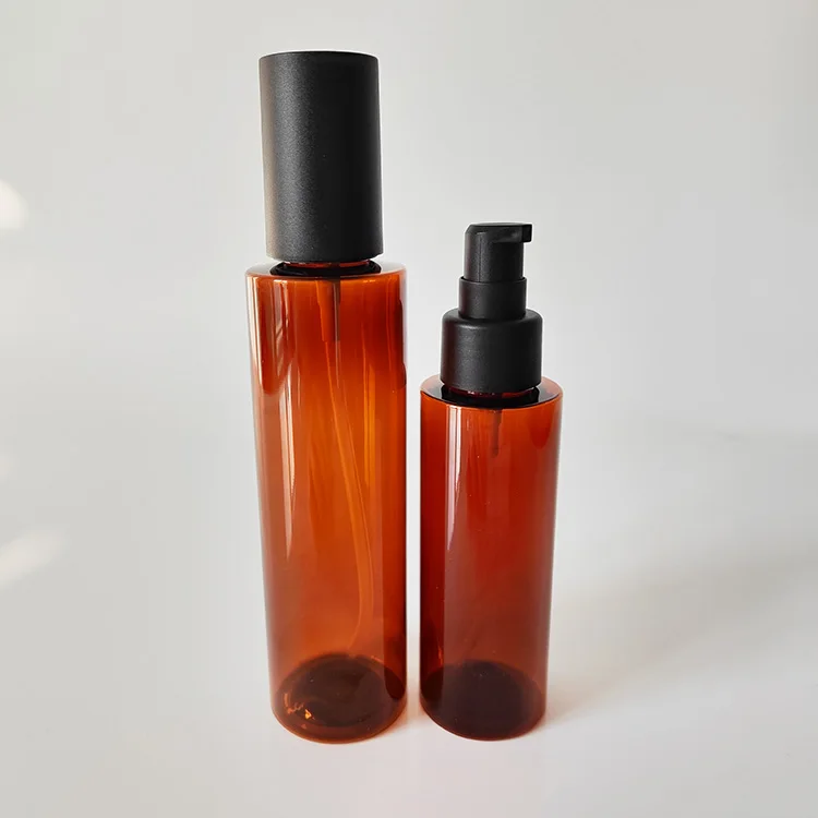 Wholesale 100ml 150ml 200ml Plastic Essence Emulsion Cosmetic Serum Press Pump Head Amber Bottle with Sprayer