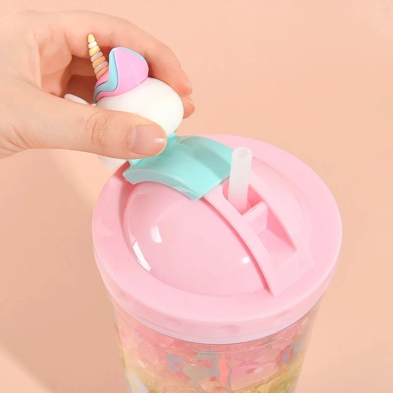Double Wall  Plastic Water Tumbler With Lid Summer Cute Unicorn Water Bottle With Straw